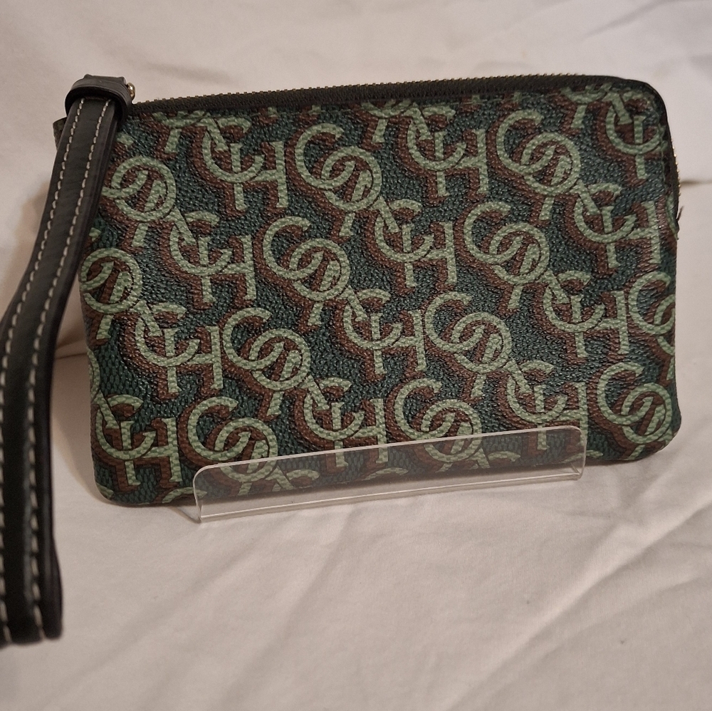 Coach Green and Brown Monogram Logo Patterned Wristlet